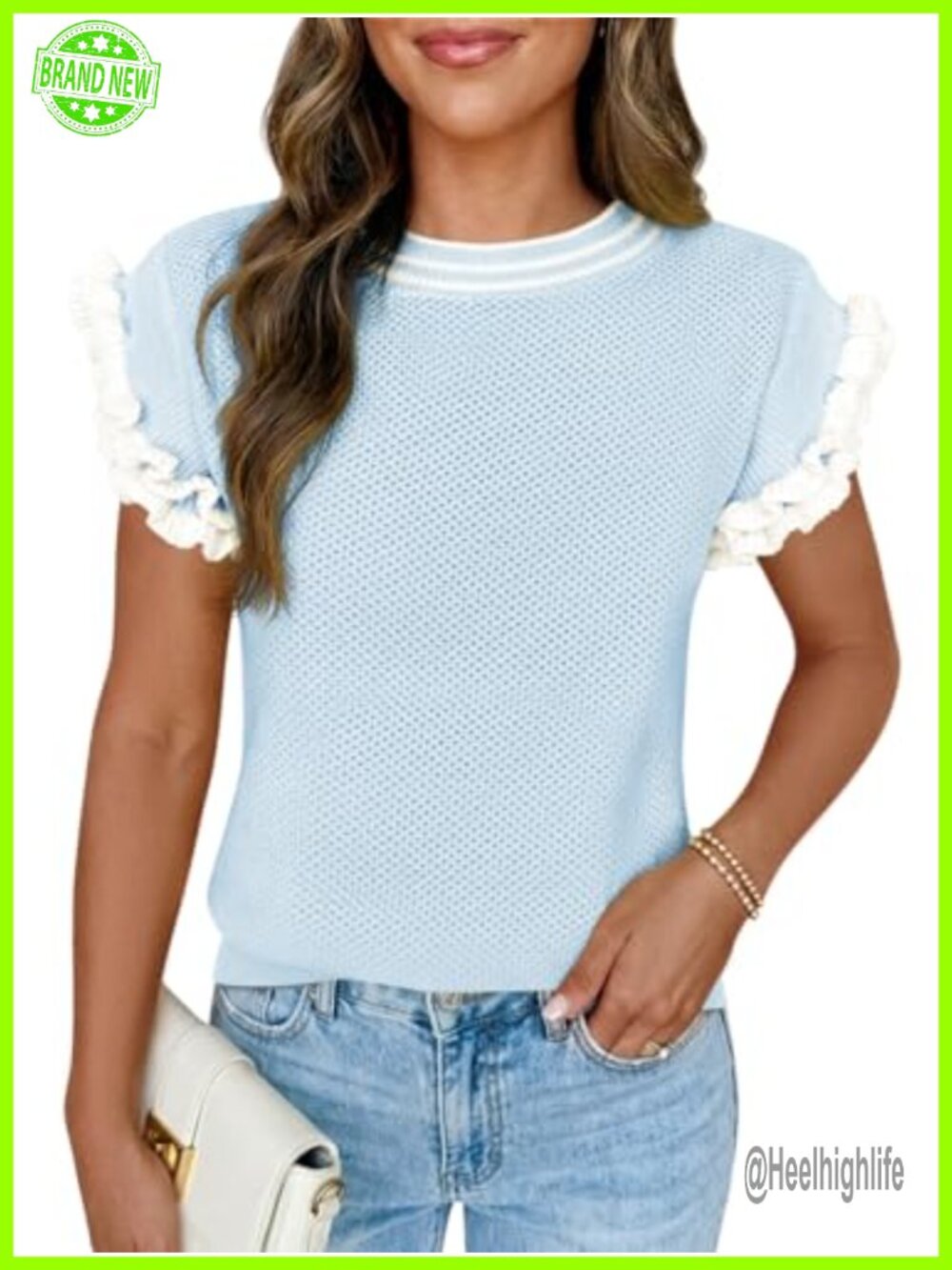 Ruffle Short Sleeve Sweater Loose Knit Crew Neck Pullover Top